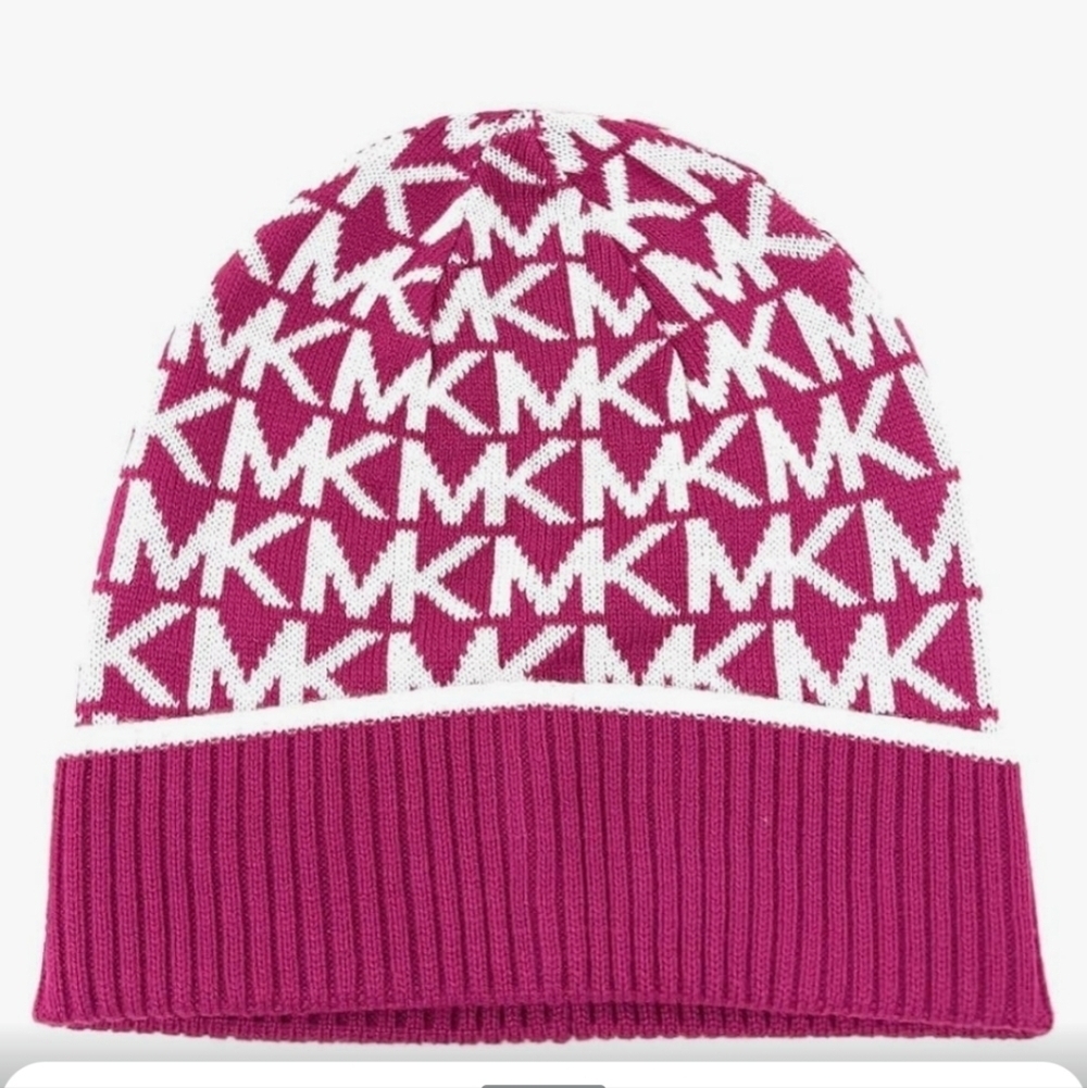 MICHAEL Kors Women's Pink & White Bordered MK Logo Cuff Beanie Hat